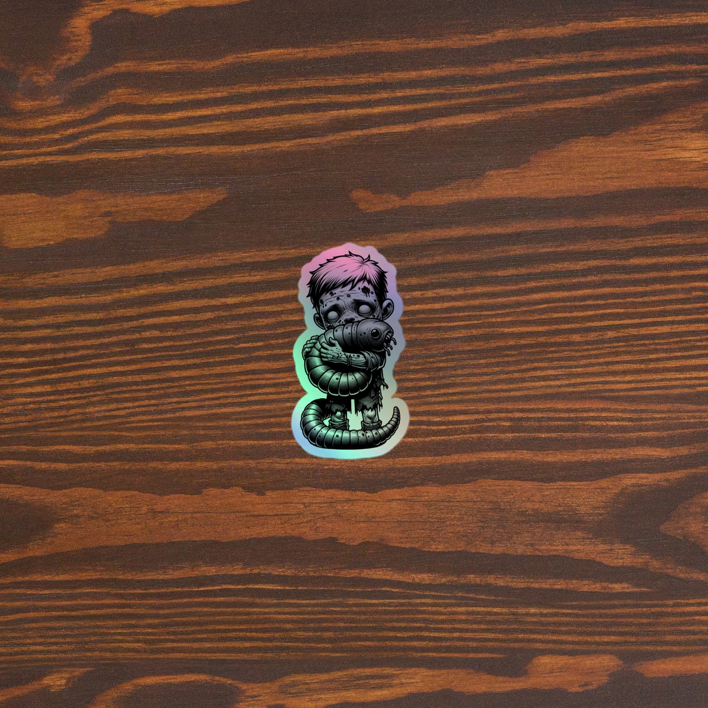 Zombie Boy Holding A Giant Maggot | Holographic stickers