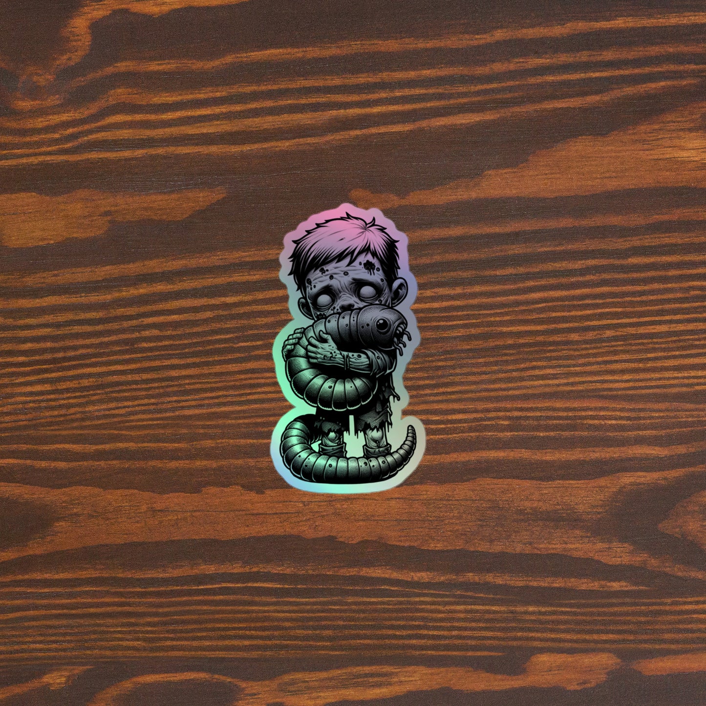 Zombie Boy Holding A Giant Maggot | Holographic stickers