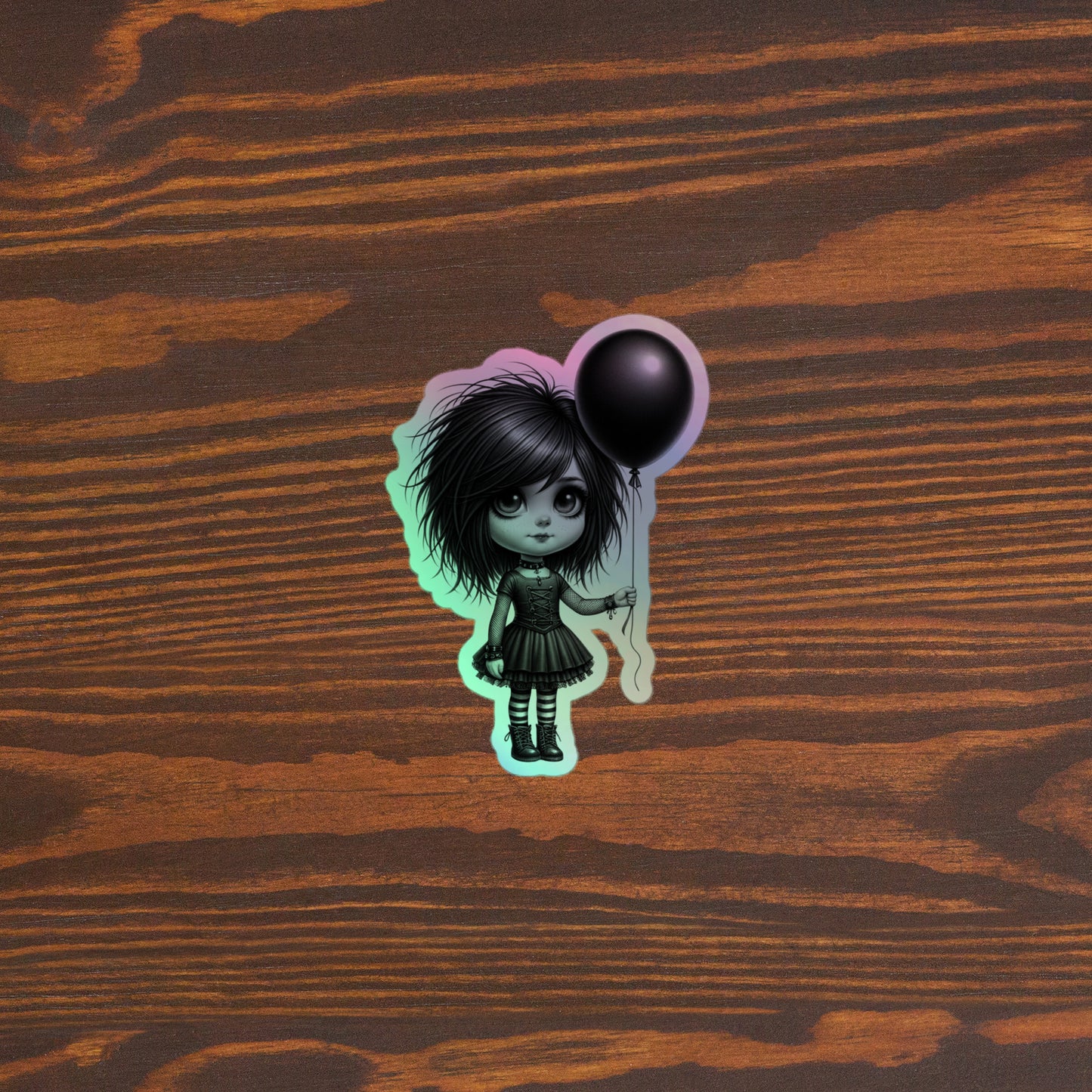 Cute Goth Girl Holding A Balloon | Goth Holographic stickers