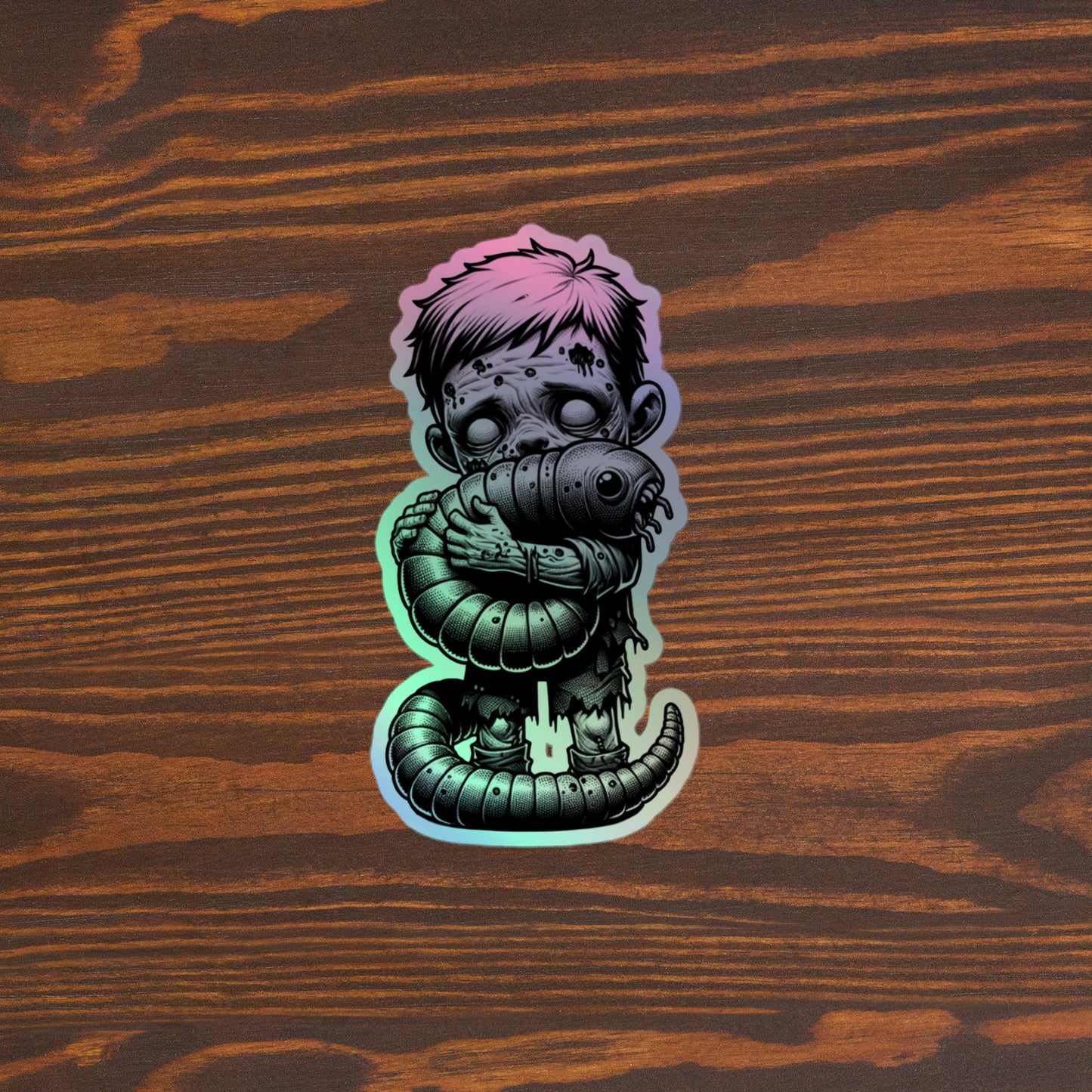 Zombie Boy Holding A Giant Maggot | Holographic stickers