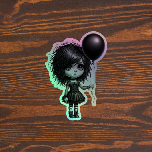 Cute Goth Girl Holding A Balloon | Goth Holographic stickers