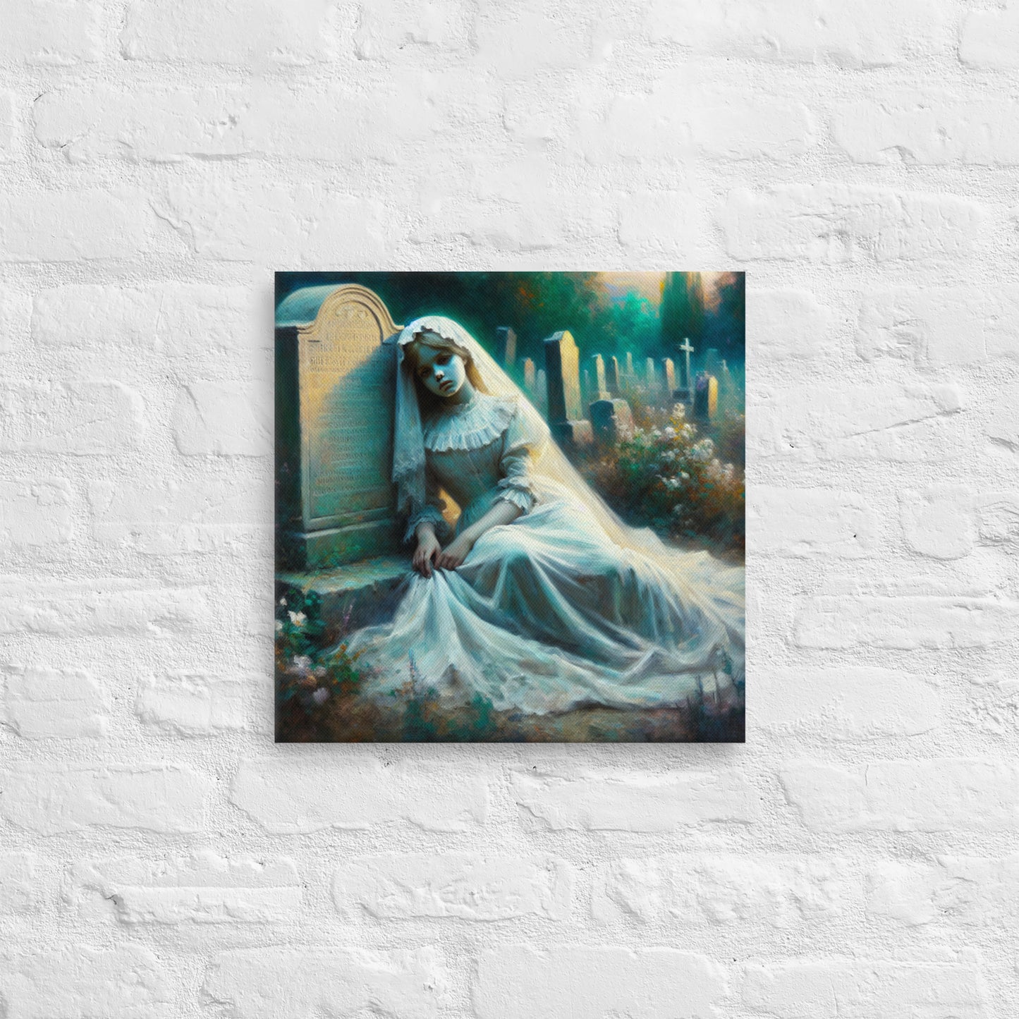 Ghost Girl In White Resting By Her Grave | Goth Thin canvas