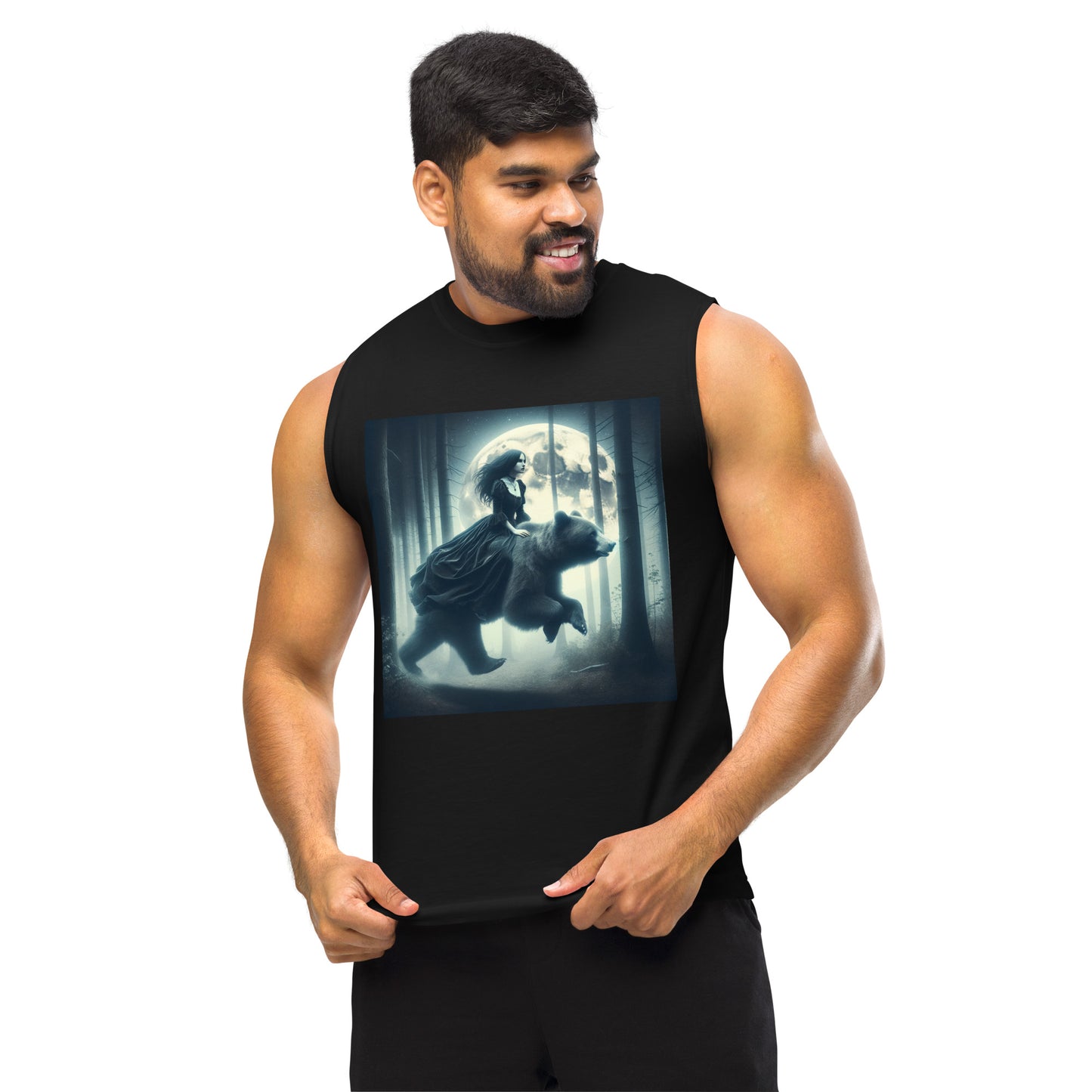 Goth Lady Riding A Ghost Bear | Goth Dark Forest Muscle Shirt