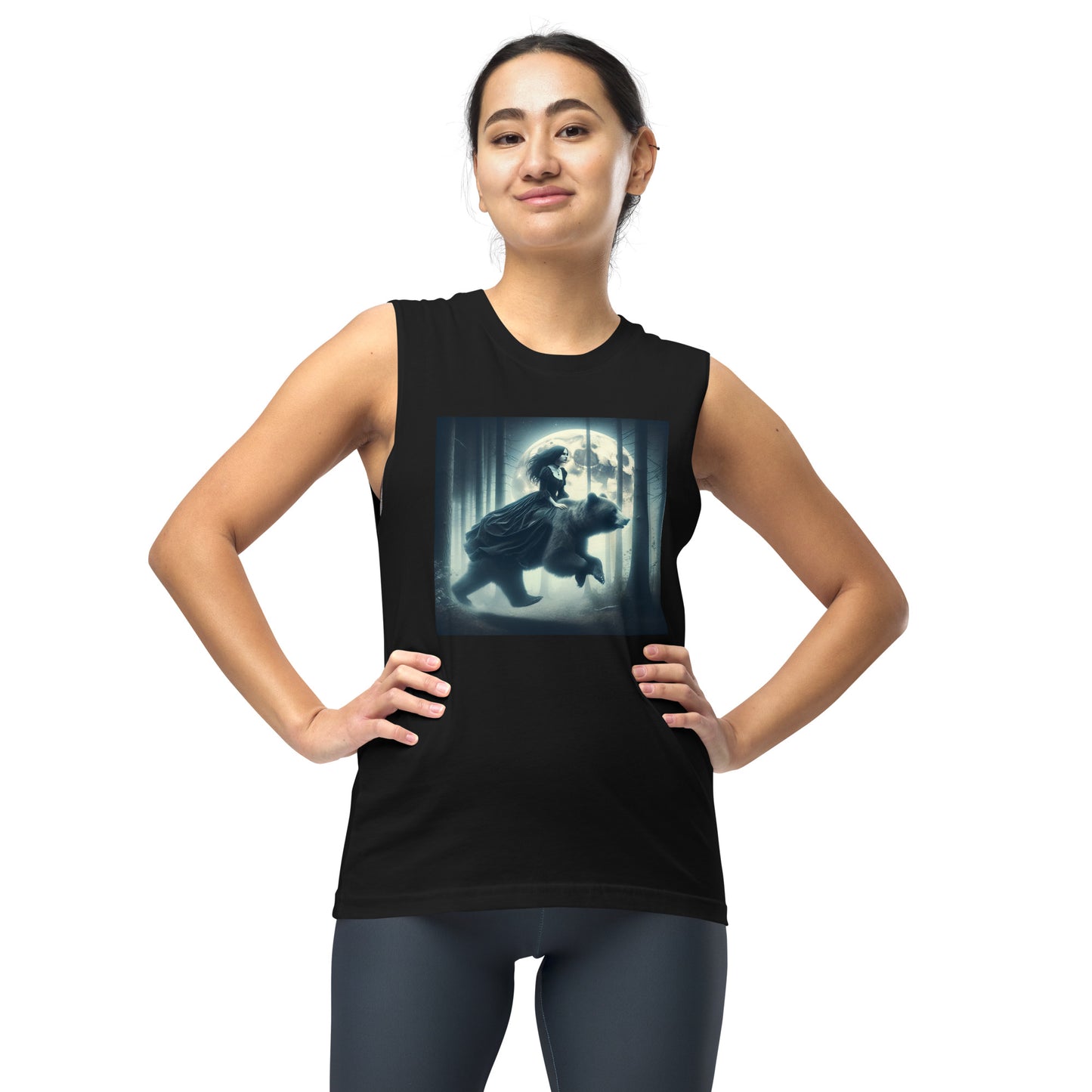 Goth Lady Riding A Ghost Bear | Goth Dark Forest Muscle Shirt