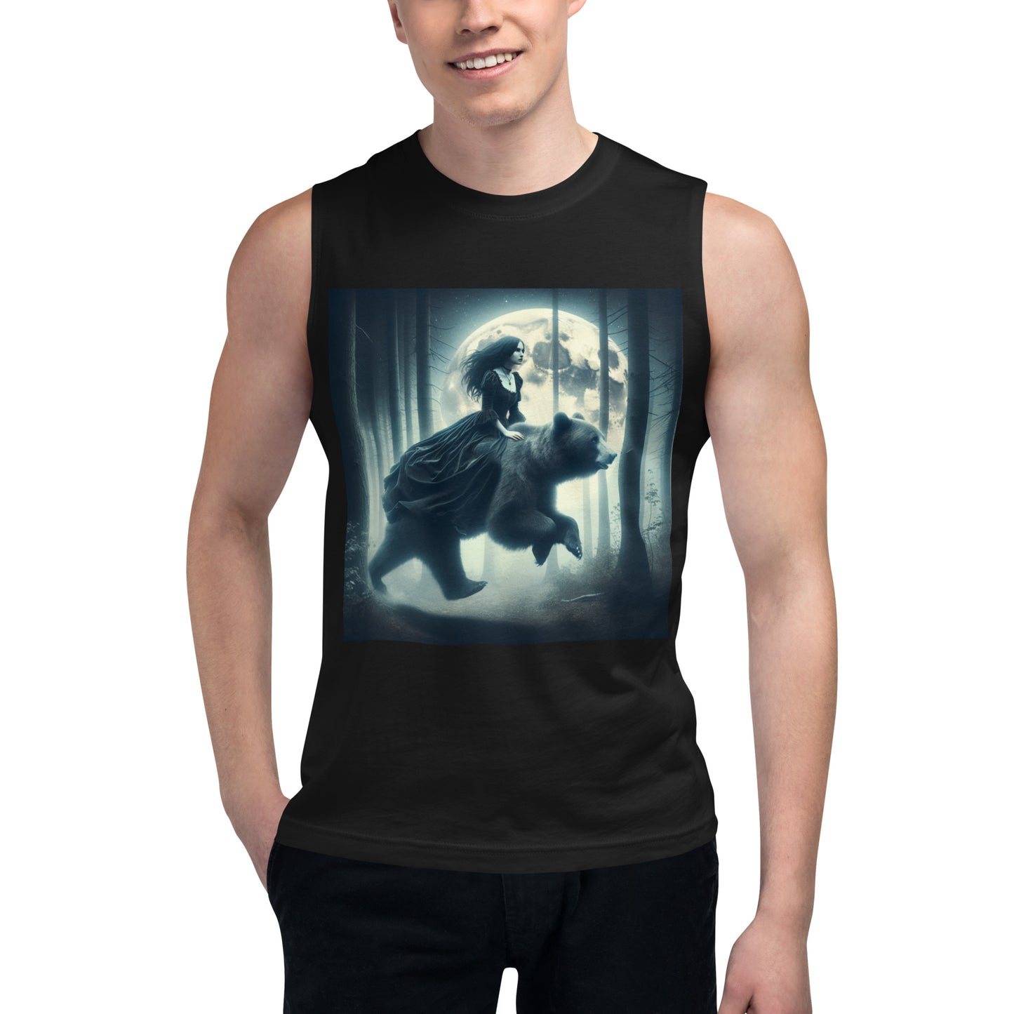 Goth Lady Riding A Ghost Bear | Goth Dark Forest Muscle Shirt