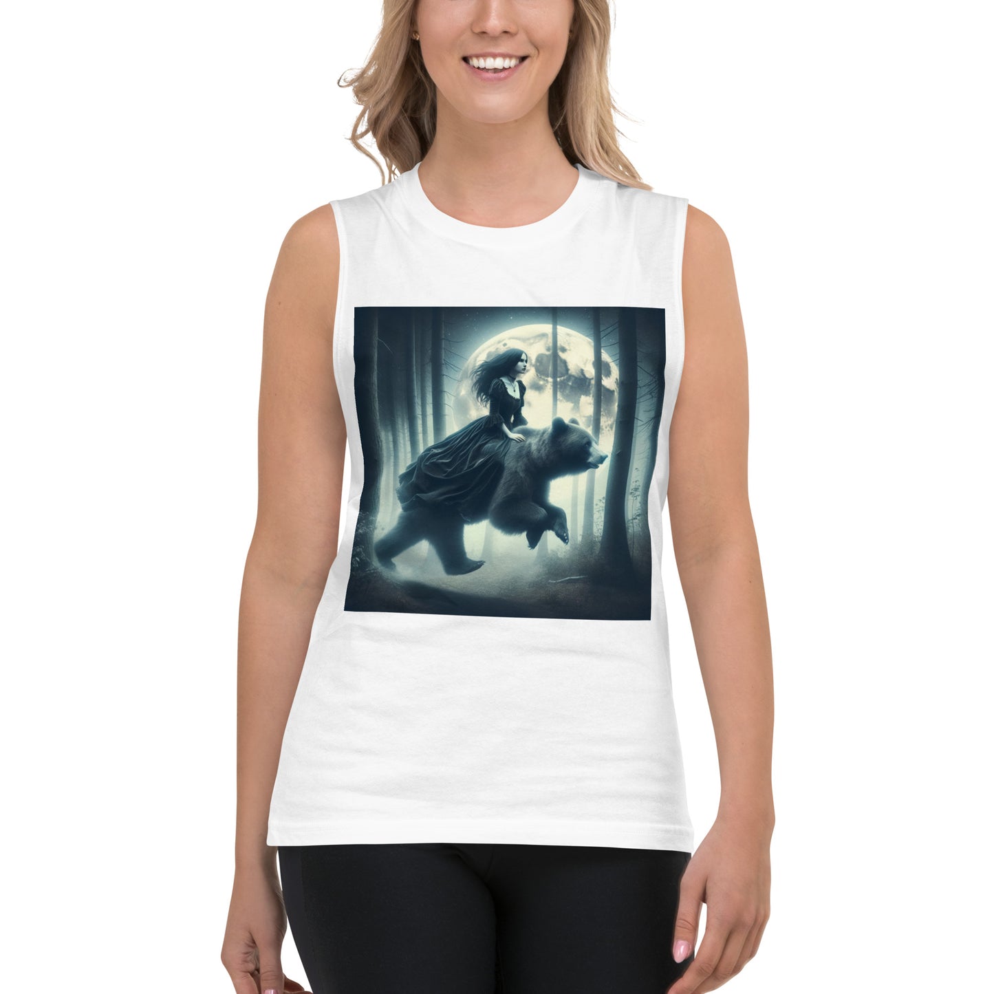 Goth Lady Riding A Ghost Bear | Goth Dark Forest Muscle Shirt