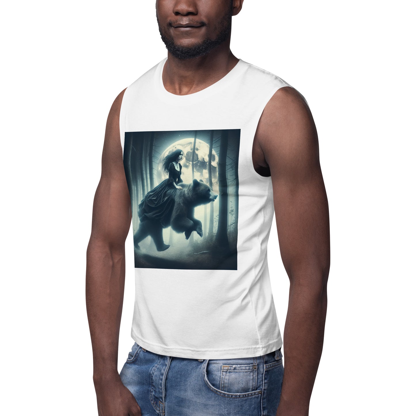 Goth Lady Riding A Ghost Bear | Goth Dark Forest Muscle Shirt